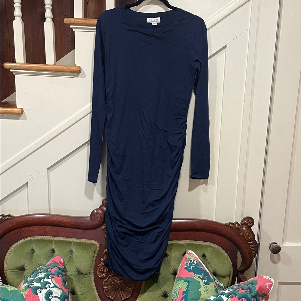 VELVET by Graham and Spencer Midnight Blue ruched  Long Sleeve Dress